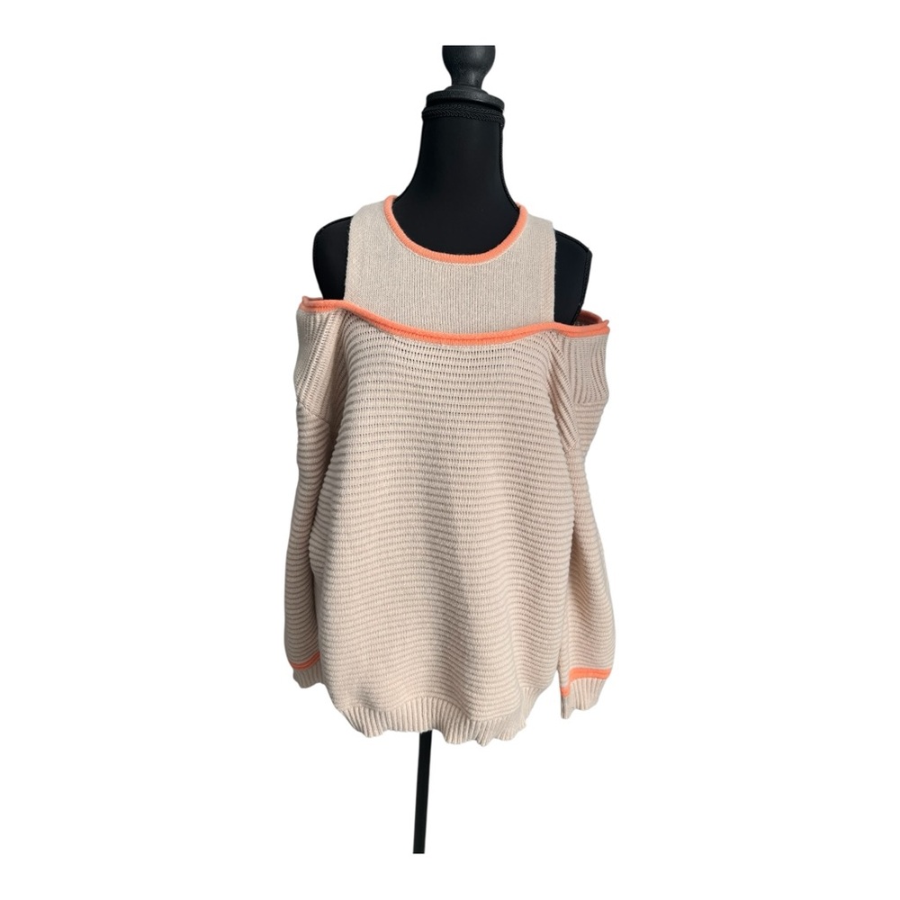FATE Cold Shoulder Ribbed‎ Cream & Orange Knit Sweater Coral Trim Size M NWT - Picture 2 of 13